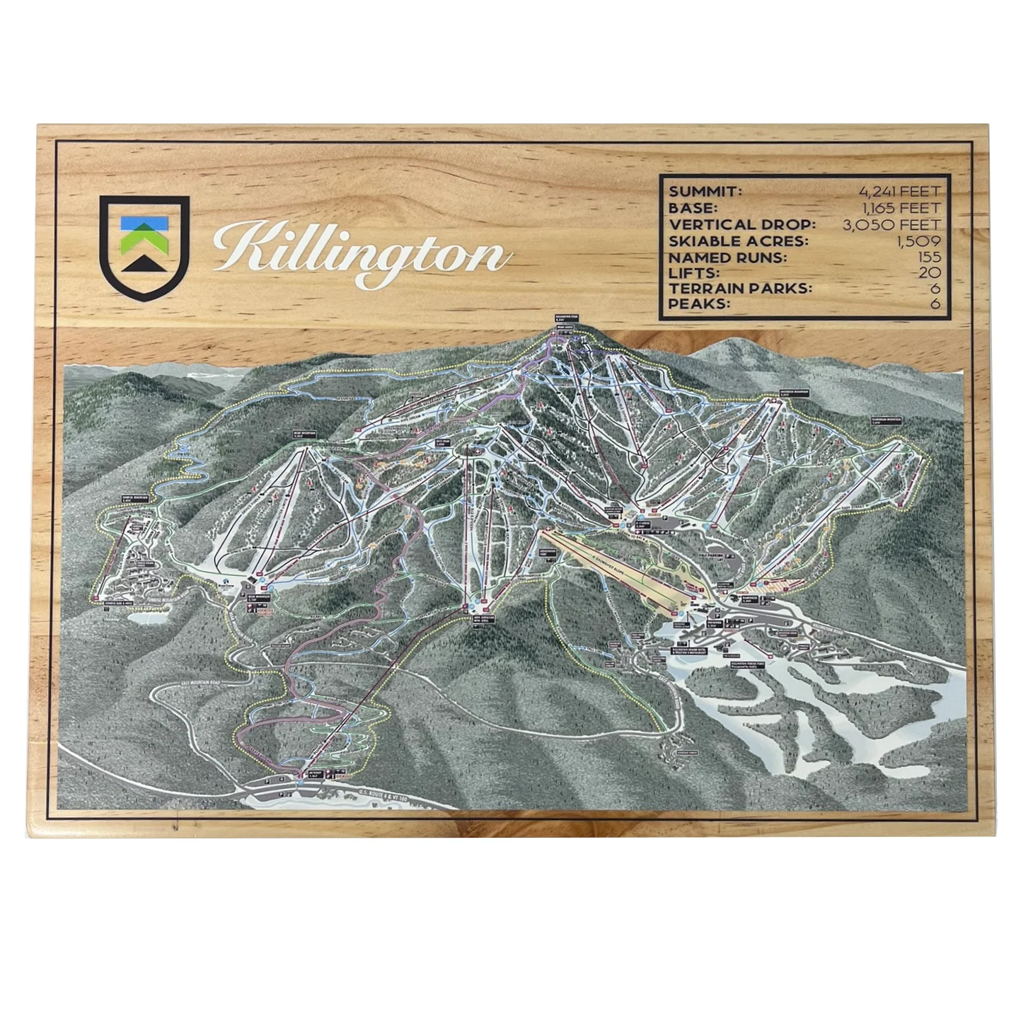 Killington Trail Map Stat Box Wooden Wall Art - Small